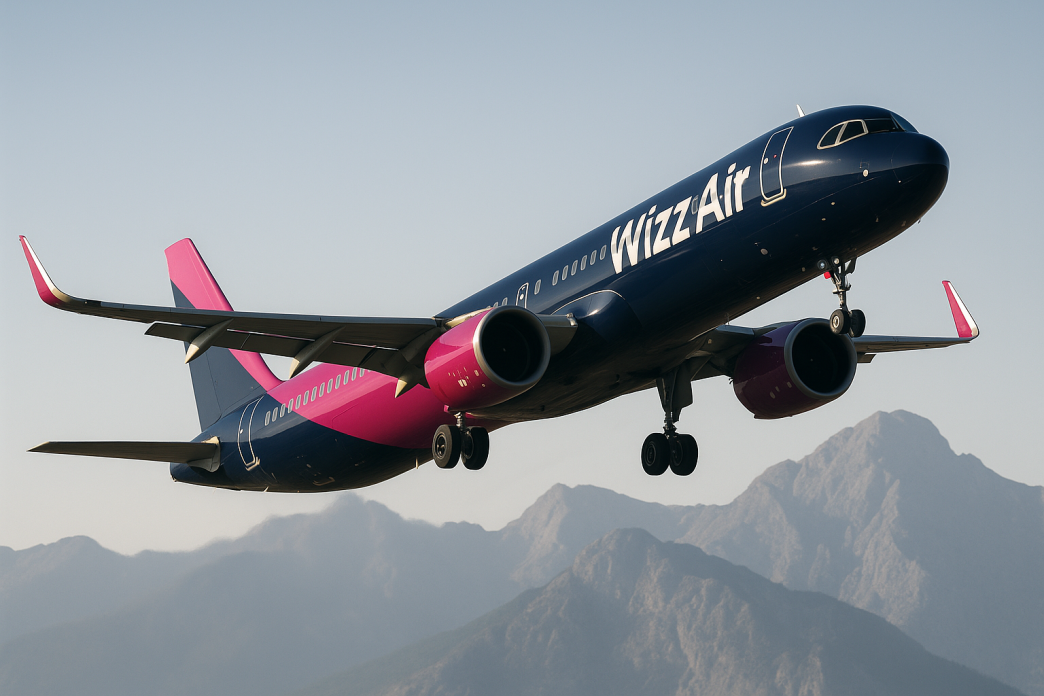 Lietadlo Wizz Air Airbus A321neo stupa po vzlete, zaber zdola v troch stvrtinach, v pozadi horske hrebene