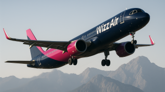 Lietadlo Wizz Air Airbus A321neo stupa po vzlete, zaber zdola v troch stvrtinach, v pozadi horske hrebene