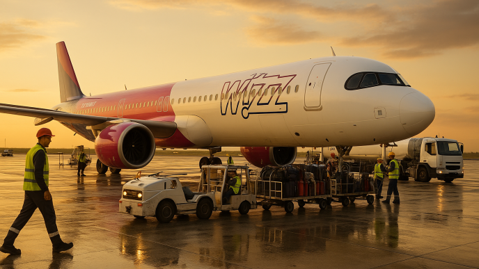 Lietadlo Wizz Air na odbavovacej ploche obklopené handlingovou technikou a ground crew, širokouhlý záber z úrovne zeme počas zlatej hodiny