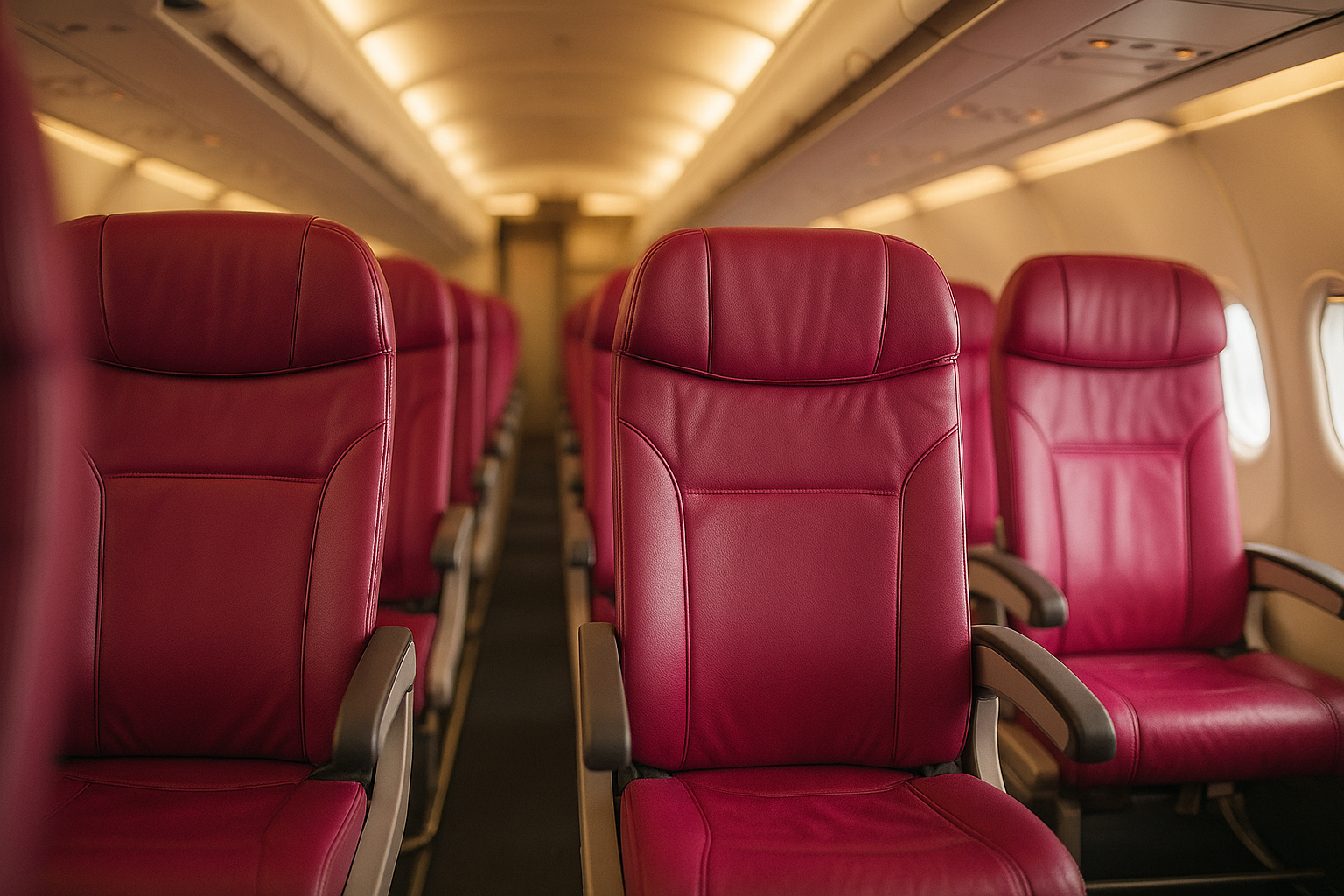 Interiér kabíny Wizz Air, pohľad z uličky na prvý rad s prázdnym stredným sedadlom (Wizz Class).
