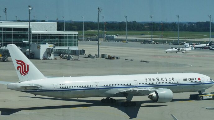 Lietadlo Boeing 777-300ER spoločnosti Air China vytláčané od terminálu na letisku Mníchov, v pozadí letiskové budovy