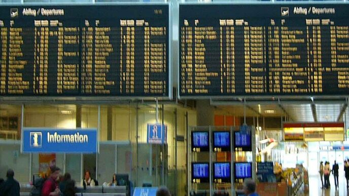 Veľké informačné tabule s odletmi a príletmi v hale terminálu