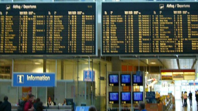 Informačná tabuľa s odletmi v hale letiska