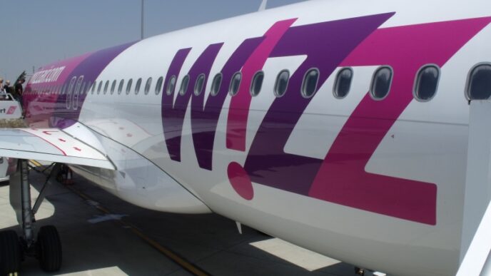 Detail trupu lietadla Wizz Air s logom Wizz