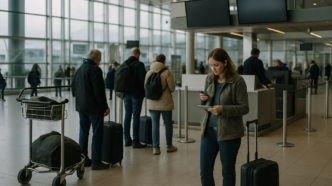 Cestujúca s kabínovým kufrom stojí v hale odletov pri odbavovacích priehradkách, v jednej ruke drží telefón a zložený papierový doklad, v pozadí ďalší cestujúci s batožinou a vozík.