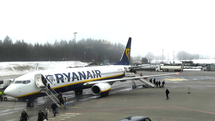 Lietadlá na zasneženej odbavovacej ploche počas odbavovania