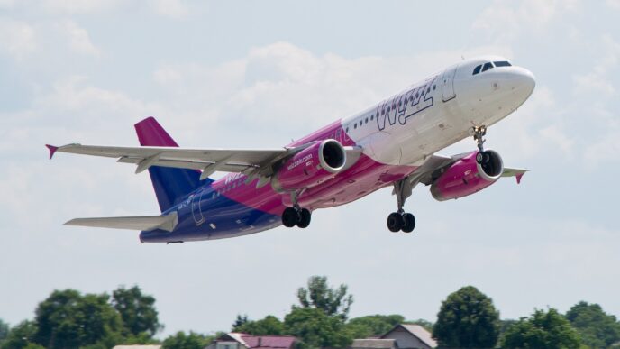 Bielo-purpurové lietadlo Airbus A320 spoločnosti Wizz Air stúpa krátko po vzlete, v pozadí zelené polia a obloha s oblakmi.