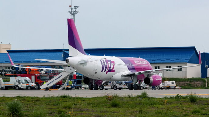 Lietadlo Wizz Air pri termináli s pristavenými schodíkmi a cestujúcimi na ploche