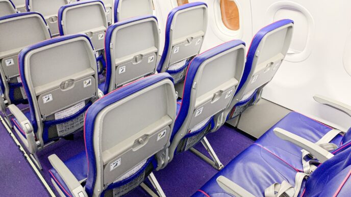 Kabína lietadla Wizz Air Airbus A321neo s radmi fialovo-modrých sedadiel