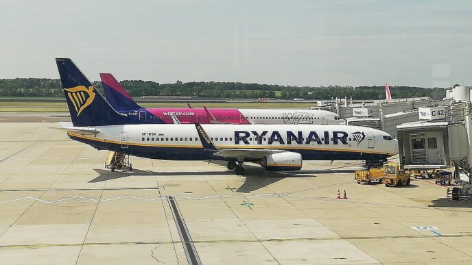 Lietadlo Ryanair v modro-bielom nátere a za ním lietadlo Wizz Air v ružovo-bielom nátere na odbavovacej ploche pri termináli, v popredí pozemná technika