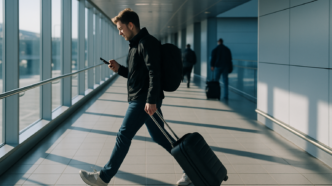 Cestujúci s kabínovým kufrom sa ponáhľa transferovou chodbou letiska a pozerá do mobilu