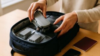 Ruky balia zložený malý dron a dve náhradné batérie v samostatných priehľadných obaloch do batohu na stole, vedľa leží pas a telefón