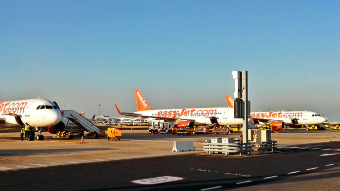 Tri lietadlá easyJet v oranžovo-bielom nátere stoja na letiskovej ploche, pri prvom je pristavené schodisko a pozemná technika.