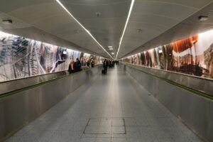 Dlhá presvetlená podzemná chodba s pohyblivými chodníkmi a veľkoplošnými fotografiami na stenách, ktorou prechádzajú cestujúci s kuframi