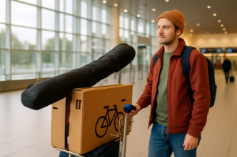Batožinový vozík s dlhým vakom na lyže a kartónovým boxom na bicykel v odletovej hale, vedľa stojí cestujúci v červenej bunde
