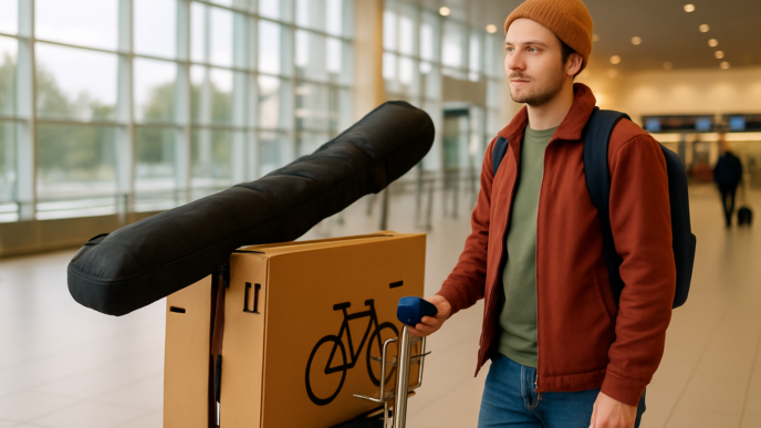 Batožinový vozík s dlhým vakom na lyže a kartónovým boxom na bicykel v odletovej hale, vedľa stojí cestujúci v červenej bunde