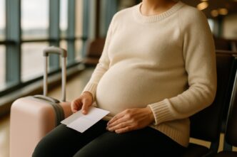 Tehotná žena sedí pri odletovej bráne, v rukách drží palubný lístok a zložený papier, vedľa nej stojí malý kufor
