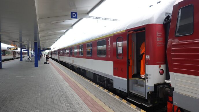 Diaľkový vlak s červeno-bielymi vozňami pri zastrešenom nástupišti železničnej stanice, v diaľke cestujúci